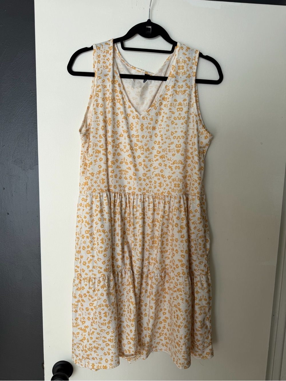 Amazon Sleeveless V-Neck Cream Dress with Yellow Floral Print